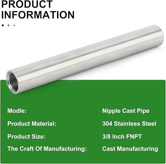 TAISHER 2PCS Stainless Steel Pipe Fittings, 3/8" NPT x 3/8" NPT Female Threaded, 8" Length Nipple Cast Pipe