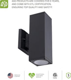 ASD 2 Light Square Outdoor Wall Light Fixture | 120W E26 Bulb Socket 120V ETL Cylinder Up Down Lights | LED/CFL/Incandescent Exterior Bulb Wall Sconce | Front Door, Porch, Patio | Black