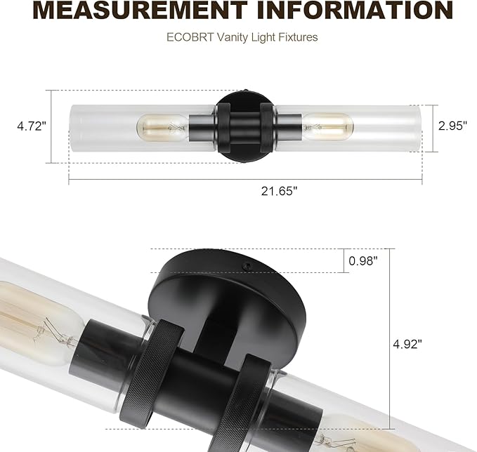 2 Light Vanity Light Side Mirror Farmhouse Bathroom Fixtures Black, E26 Wall Lamps for Bedroom, Industrial Lighting, Modern Lights With Glass Shade