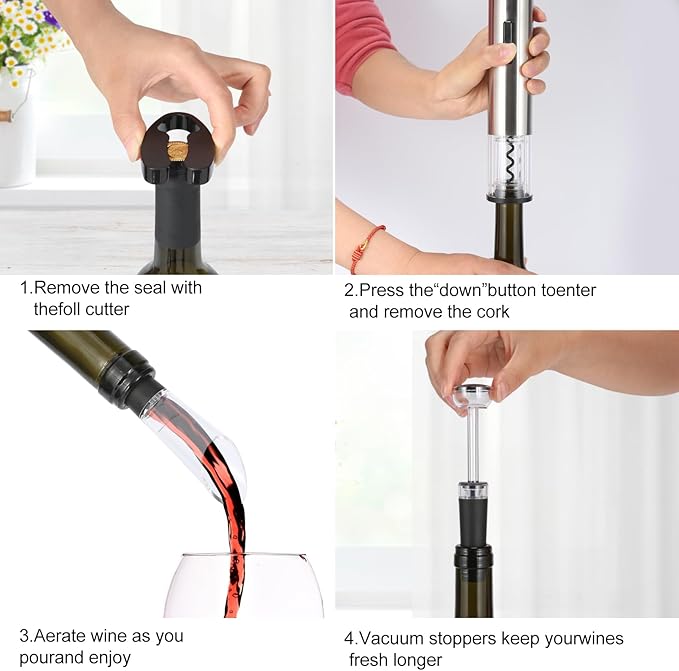 Electric Wine Bottle Opener Set- Silver, Automatic Wine Bottle Opener with Led Light, Rechargeable Corkscrew Kit with Aerator，Foil Cutter，Stoppers