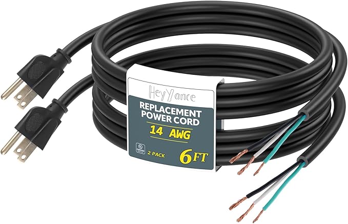 2 Pack 6 ft 14/3C SJTW Appliance and Power Tool Cord, 14 Gauge 3 Prong Heavy Duty Replacement Power Supply Cord Cable, 110V 115V 120V AC Pigtail, 15A, 1875w
