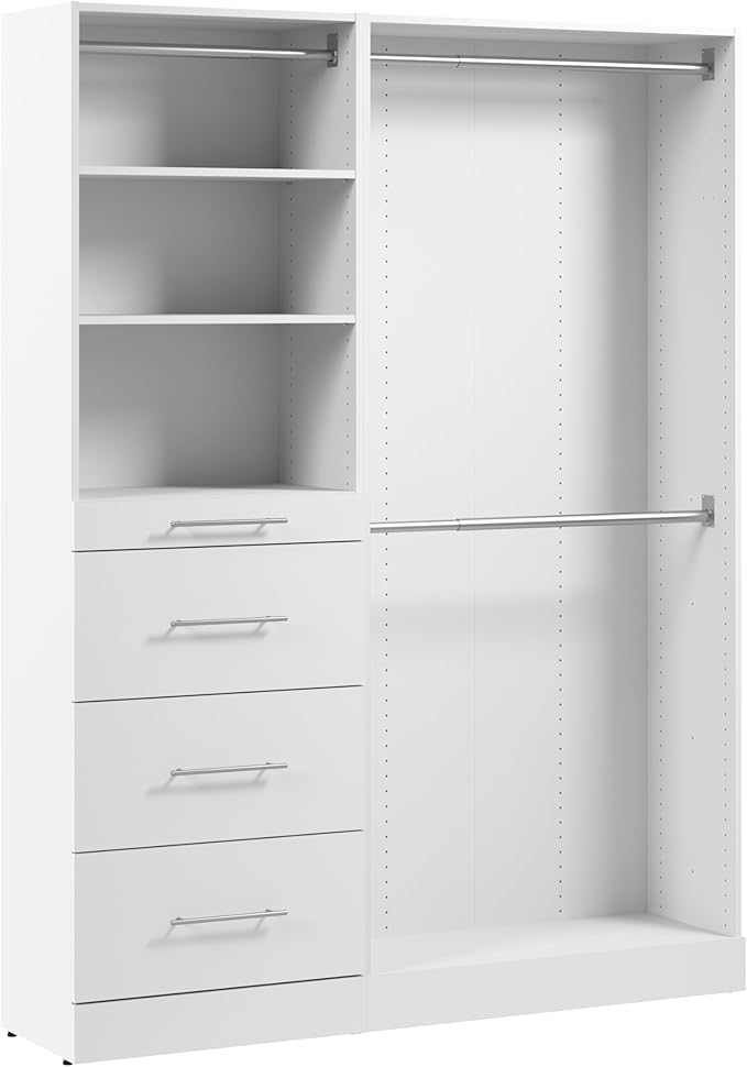 Bestar 61W x 16D Modular Closet Organizer System, Reach-in Closet or Walk-in Closet with Rods, Shelves, and Drawers, Slab Style, Florence Collection, White