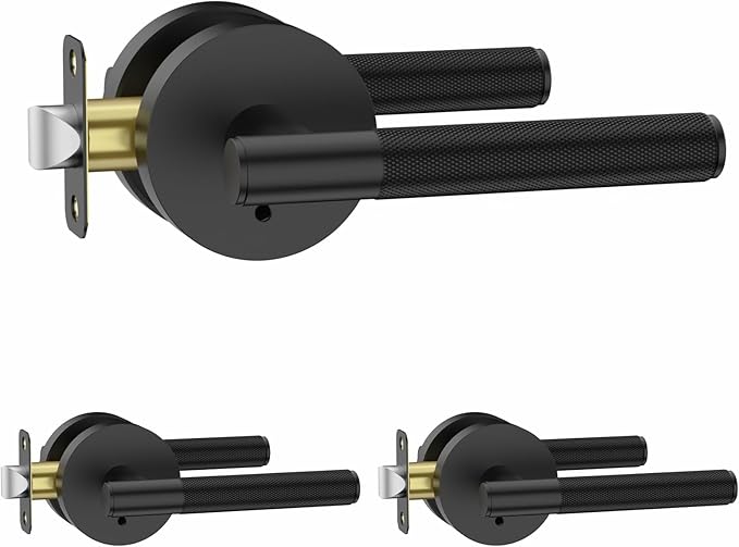 Amerdeco 3 Pack Matte Black Door Handles Interior, Knurled Privacy Door Handles with Lock,Heavy Duty Black Door Lever for Bedroom or Bathroom,Reversible Keyless for Left Right Handed Doors