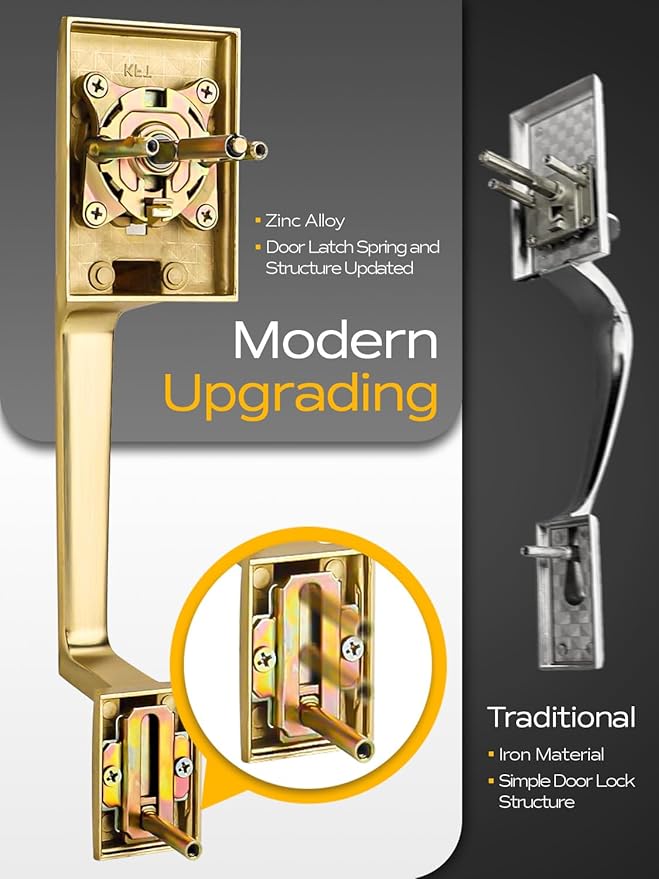 EHOMEWARE Gold Front Door Handle Set, Brass Heavy Duty Square Door Lever & Single Cylinder Deadbolt Combo Reversible for Entrance Exterior Doors 2 Sets