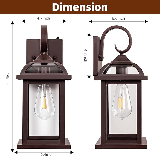 Dusk to Dawn Outdoor Lighting Oil Rubbed Bronze 2-Pack, 15 Inch Aluminum Anti-Rust Front Porch Lights with IP65 Clear Tempered Glass Exterior Light Fixtures for House Brown Carriage Lights