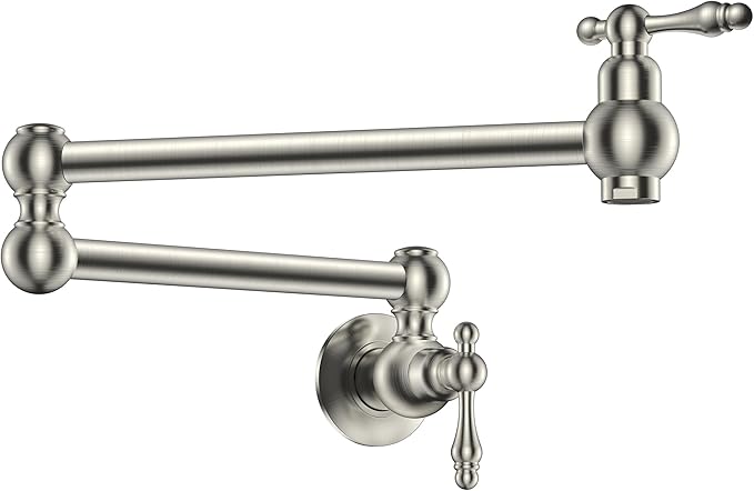 FORIOUS Pot Filler Faucet Brushed Nickel, Folding Stretchable Solid Brass Wall Mount Commercial Traditional Faucet Over Stove with Antique Double Joint Swing Arm for Kitchen Restaurant Vintage