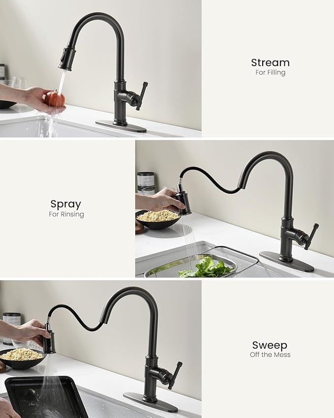 Black Stainless Kitchen Sink Faucet with Pull Down Sprayer, DAYONE Single Handle 1 Hole High Arc Flow 360° Swivel Kitchen Faucets with Soap Dispenser, APS136BS