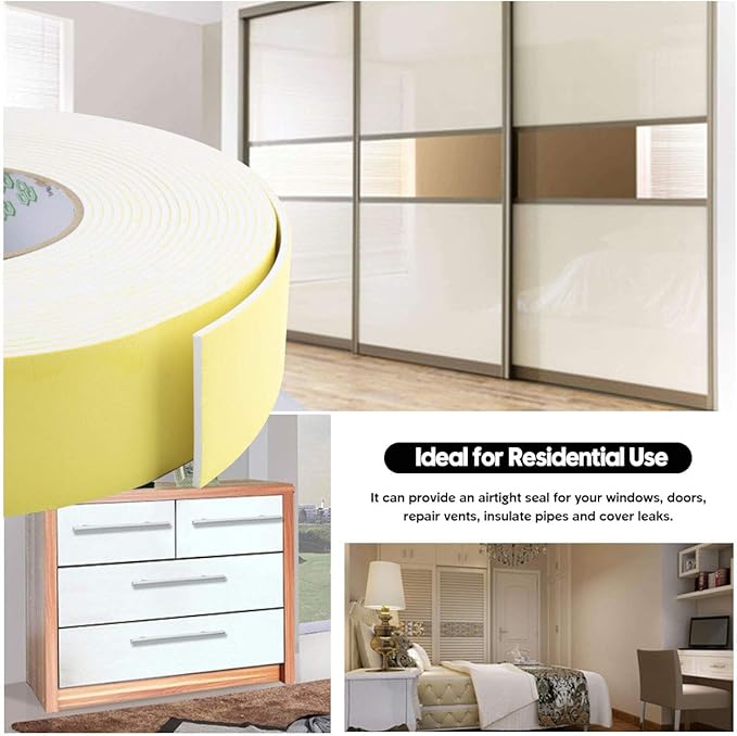 Foam Strips with Adhesive, High Density Insulation Tape, Weather Stripping for Plumbing, Cooling, Pipes, Sealing, Air Conditioning, HVAC, Sliding Door, Craft Tape (White, 66Ft x 1/8” x 1”)