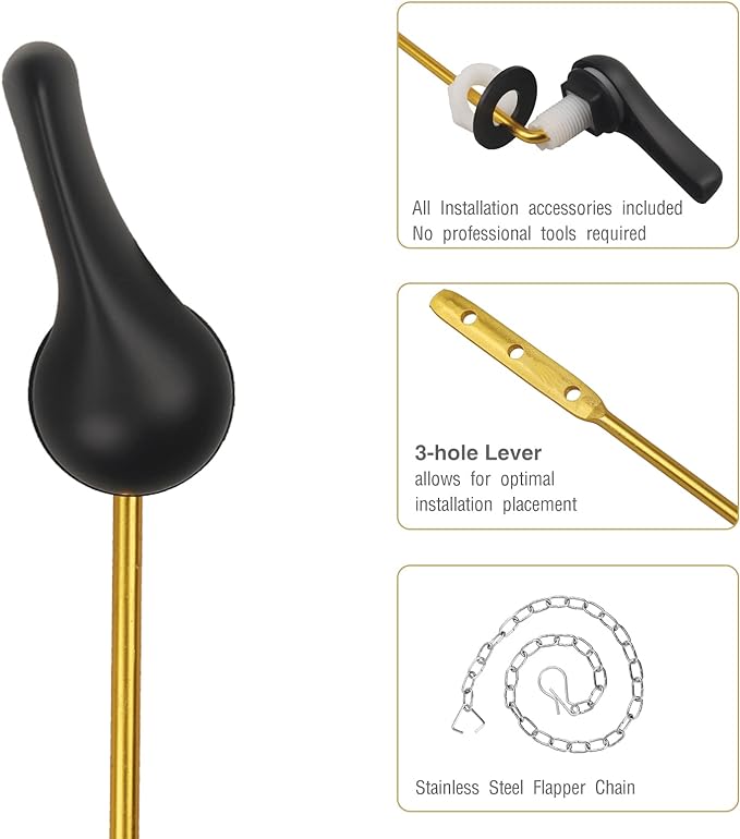 Toilet Handle Replacement Kit, Toilet Flush Handle with Stainless Steel Flapper Chains, Universal Toilet Lever for Most Front Mount Toilets, Matte Black Toilet Flush Lever