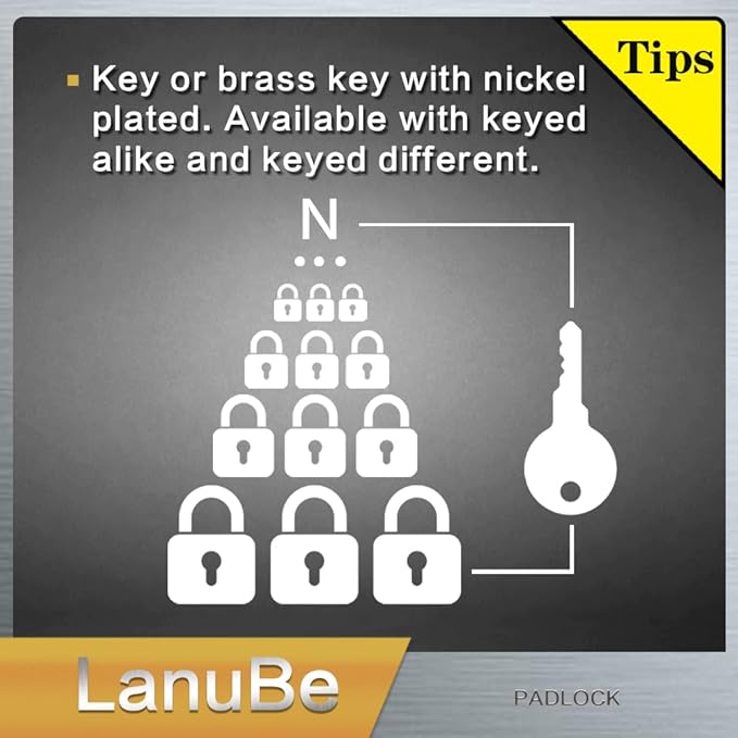 LanuBe Lock Laminated keyed Padlock (1-9/16", 40mm), keyed Alike Locks, Long Shackle,Marked Yellow Plastic Hoop, Pack of 12