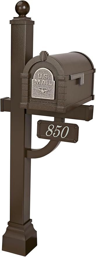 Gaines - Keystone Deluxe Post and Mailbox Package with Personalized Address Plaque and Decorative Cuff (Bronze with Satin Nickel Eagle)