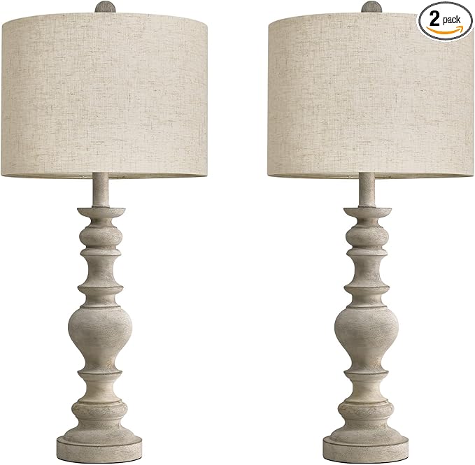 BOBOMOMO 27" Antique Gray Table Lamps Set of 2, Large Farmhouse Resin Lamps with Linen Shades, Vintage Gray Lamps for Living Room, Bedroom, or Console Table Rustic Traditional Décor