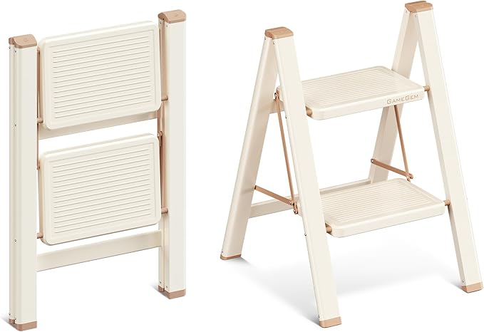 GameGem 2 Step Ladder, 2 Step Stool for Adults, Folding Step Ladder with Secure Footing, Widened Pedal, Aesthetically Pleasing Looking, Blends Right into Domestic Rooms, Cream Chocolate