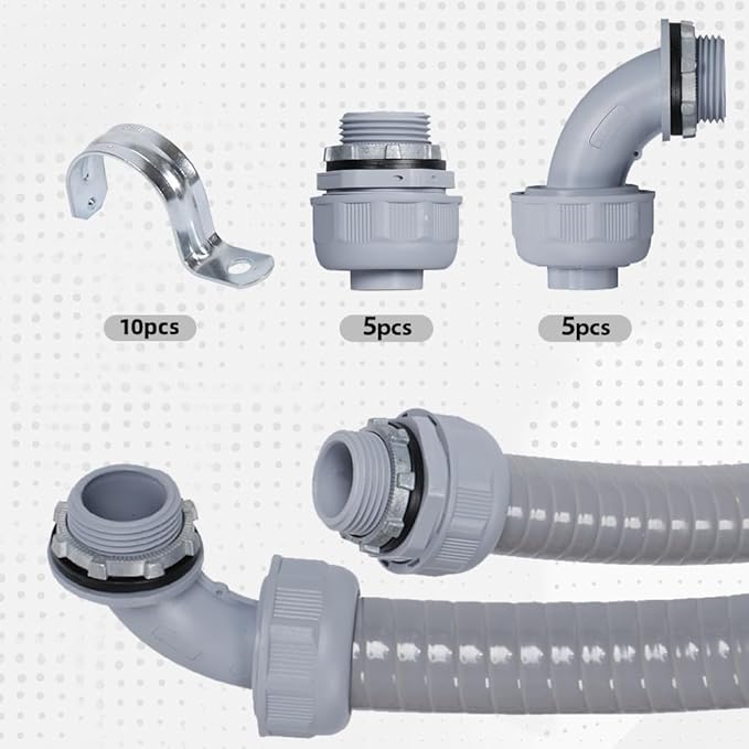 Liquid-Tight Conduit 1-1/4 inch 25ft, Electrical Conduit w/UL Certification, Flexible Conduit with 5 Straight and 5 90-Degree Conduit Connector Fittings Gray