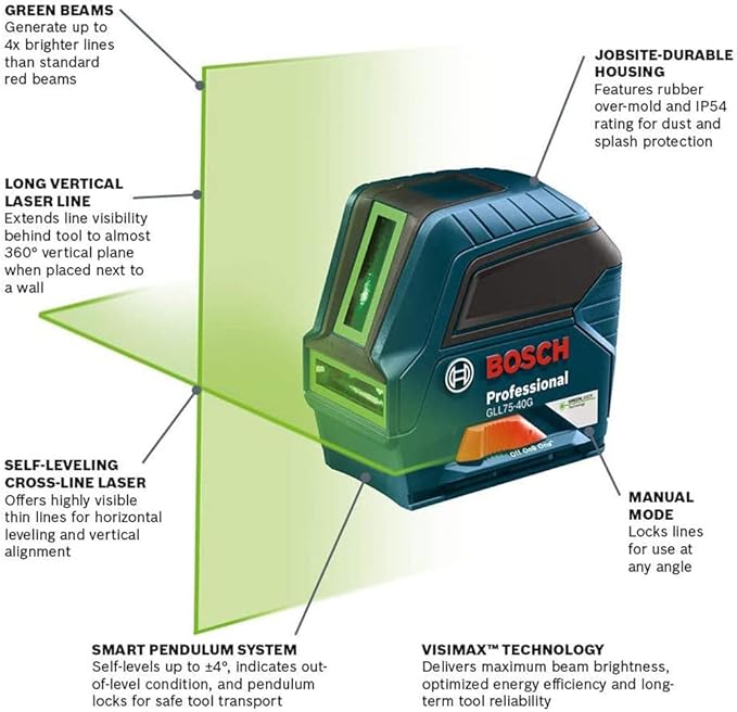 Bosch GLL75-40G Outdoor Self Leveling Cross Line Laser Level [75 FT] Horizontal & Vertical Mode Electronic Laser Includes Batteries, Magnetic Mount and Heavy-Duty Pouch