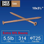 Wood Screws #10 x 3-1/2" 314pcs(Approx), Tan Ruspert Coating Exterior Deck Screws, Torx/Star Drive Flat Head,Twist Shank, Cut Tip/Thread, Bit Included, 5.5 lb/Box