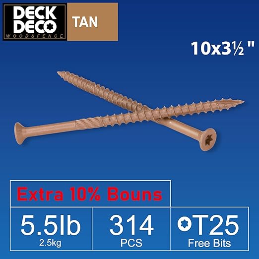 Wood Screws #10 x 3-1/2" 314pcs(Approx), Tan Ruspert Coating Exterior Deck Screws, Torx/Star Drive Flat Head,Twist Shank, Cut Tip/Thread, Bit Included, 5.5 lb/Box