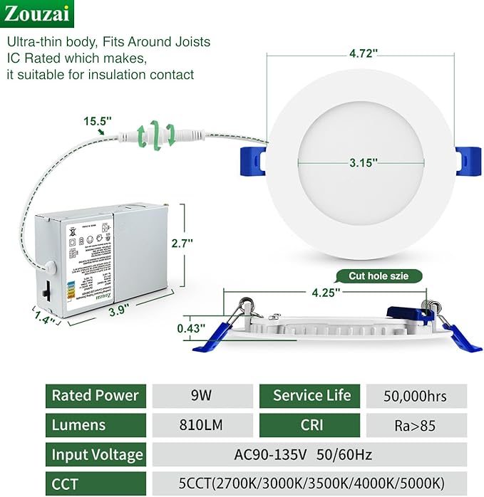 zouzai 1 Pack 4 Inch 5CCT Ultra-Thin LED Recessed Ceiling Light with Junction Box, 2700K/3000K/3500K/4000K/5000K Selectable, 9W Eqv 80W, Dimmable, led can Lights - ETL and Energy Star Certified