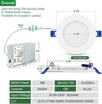 zouzai 1 Pack 4 Inch 5CCT Ultra-Thin LED Recessed Ceiling Light with Junction Box, 2700K/3000K/3500K/4000K/5000K Selectable, 9W Eqv 80W, Dimmable, led can Lights - ETL and Energy Star Certified