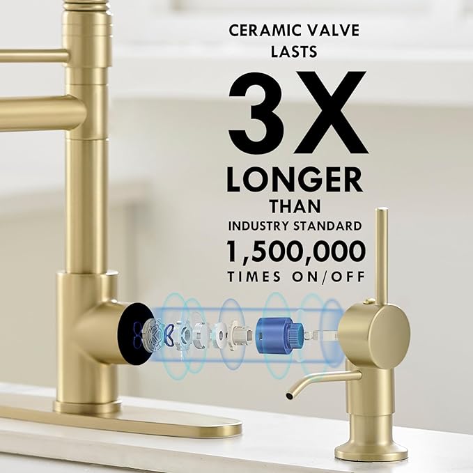 AIMADI Gold Kitchen Faucet with Soap Dispenser,Commercial Single Handle Pull Down Kitchen Faucets with Sprayer,Brushed Gold