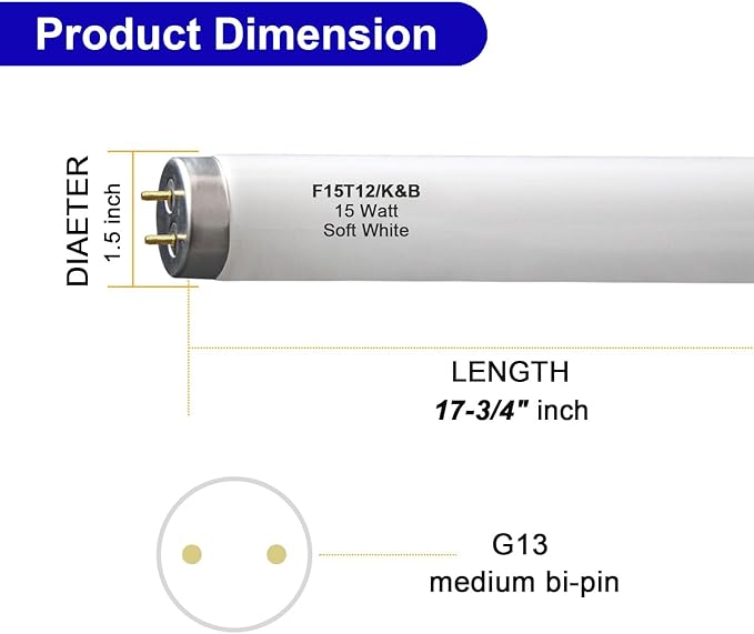 4 Pack F15T12/K&B Soft White 15W T12 Linear Fluorescent Bulb,Replacement for GE10185 Philips 141465 F15T12/WW,G13 Medium 2-Pin Base 18 Inches