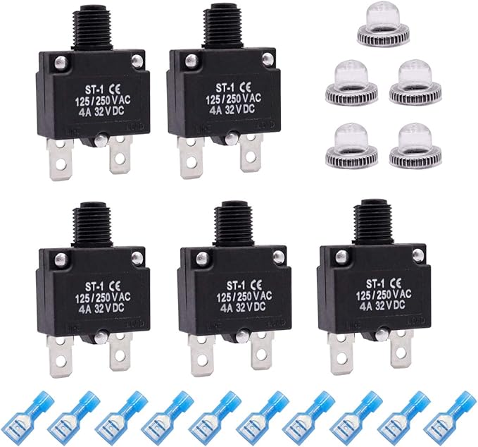 mxuteuk 5Pcs 4Amp Circuit Breakers Push Button Manual Reset 125/250V AC 32V DC,Overload Protector Switch Thermal Circuit Breakers with Quick Connect Terminals and Waterproof Button Caps ST1-5-4A