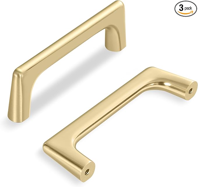 3 Pack 3 Inch(76mm) Hole Center Modern Brushed Gold Cabinet Pull Handle Timeless Vanity Drawer Pull Handle Classic Cabinet Hardware for Kitchen Dresser Bathroom, Screws Included, B-Gold(3x3)
