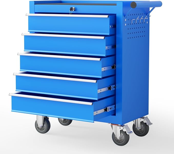5-Drawers Rolling Tool Box with Wheel,Tool Chest with Wheels, Rolling Tool Box with Locking System, Tool Box with Organizer for Garage, Warehouse, Workshop (Blue, 5 Drawers)