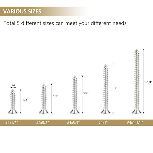 202 Pieces #4 x 1/2" 5/8" 3/4" 1" 1-1/4" Phillips Countersunk Head Self-Tapping Screws, Wood Screws Assortment Kit, 304 Stainless Steel