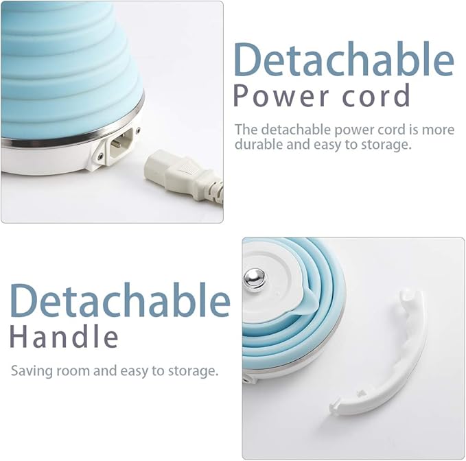 Ultrathin Upgraded Food Grade Silicone Travel Foldable Electric Kettle Boil Dry Protection Portable with Dual Voltage and Separable Power Cord,555ML 110-220V US Plug