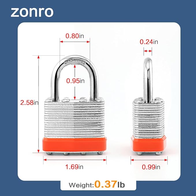 ZonRo Locks Laminated Steel Keyed Padlocks,Keyed Alike Locks, 1-9/16 inch Wide,Normal Shackle Padlocks, Pack of 6，Orange Hoop, for Hasp Latch, Sheds, Fences, Storage Locker, School, Gym