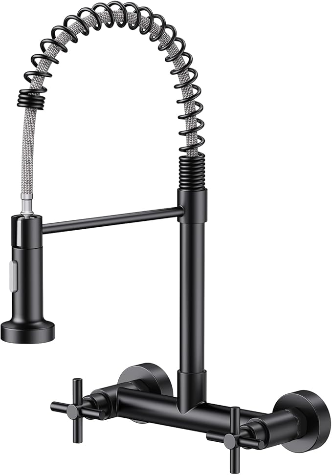 Wall Mount Kitchen Faucet, Hurran Matte Black Kitchen Sink Faucet, 8 Inch 2 Handle Wall Mount Commercial Sink Faucet with Pull Down Sprayer for Kitchen Laundry Room Restaurant