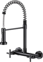 Wall Mount Kitchen Faucet, Hurran Matte Black Kitchen Sink Faucet, 8 Inch 2 Handle Wall Mount Commercial Sink Faucet with Pull Down Sprayer for Kitchen Laundry Room Restaurant