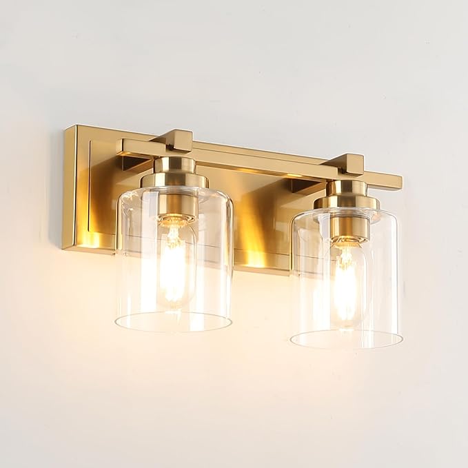 2 Light Modern Bathroom Light Fixtures Over Mirror, Brass Finish Vanity Lights for Bathroom Wall Sconces with Clear Glass Shades, E26 Socket (Bulbs Not Included)