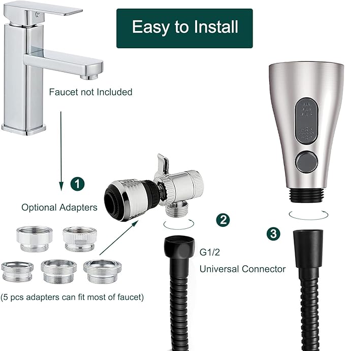 Kitchen Faucet Hose Sprayer Attachment for Tub & Sink, Black Stainless Steel Hose, Water Saving Aerator & 3-way Diverter Valve