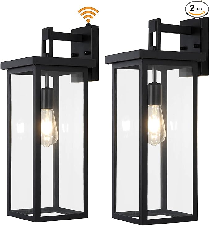 tewei 2 Pack Dusk to Dawn Large Outdoor Wall Lantern, 20 Inch Black Exterior Wall Light Fixtures, Large Porch Light with Clear Shade Sensor Modern Outdoor Sconce Lights for House Garage, E26 Base