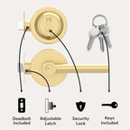 Mega Handles Ronn Entrance Combo, Entry Lever Door Handle and Single Cylinder Deadbolt Lock and Key Combo Pack, Heavy Duty Round Locking Door Levers Set for Left or Right-Handed Doors - Satin Brass