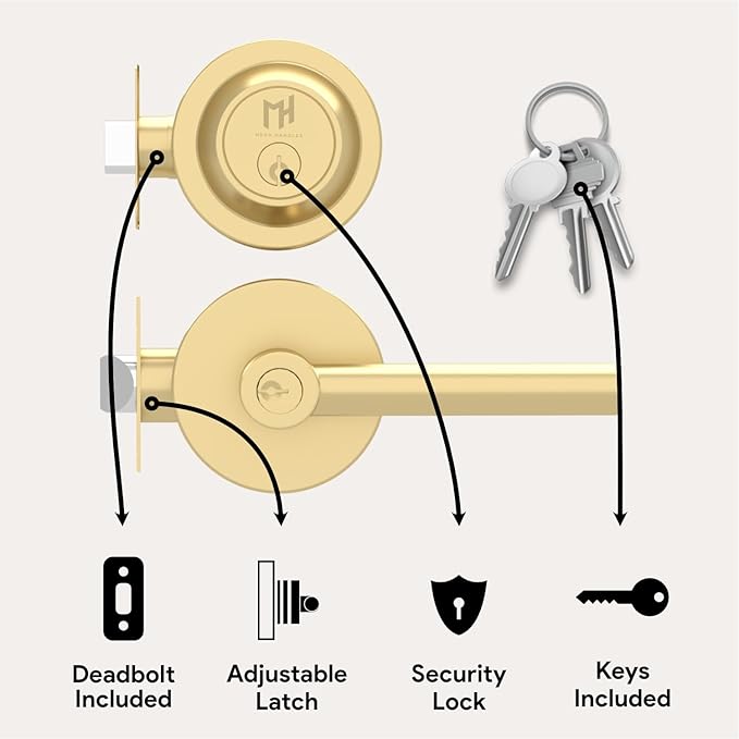 Mega Handles Ronn Entrance Combo, Entry Lever Door Handle and Single Cylinder Deadbolt Lock and Key Combo Pack, Heavy Duty Round Locking Door Levers Set for Left or Right-Handed Doors - Satin Brass