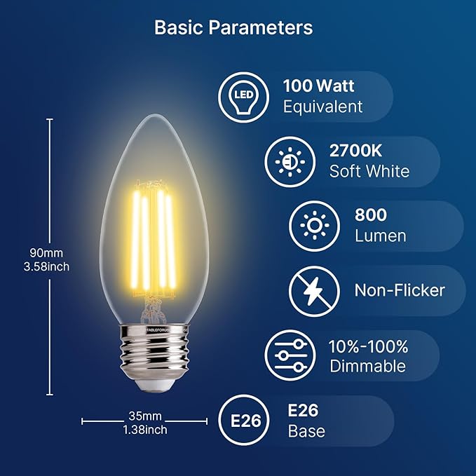 FLSNT 100W Equivalent LED Candelabra Bulbs, 800LM Dimmable LED Chandelier Light Bulbs, 2700K Soft White, E26 Base, 6 Pack UL Listed.