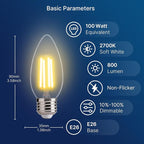FLSNT 100W Equivalent LED Candelabra Bulbs, 800LM Dimmable LED Chandelier Light Bulbs, 2700K Soft White, E26 Base, 6 Pack UL Listed.