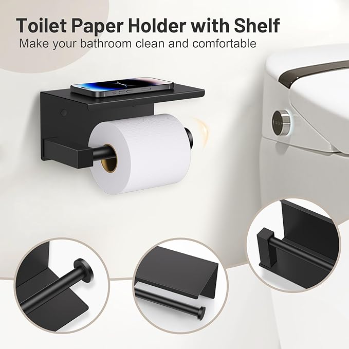 5-Piece Black Bathroom Hardware Set, SUS304 Stainless Steel Bathroom Accessories Set 23.6 inches Towel Bar, Toilet Paper Holder with Shelf, Towel Ring and Two Towel Hooks Wall-Mounted