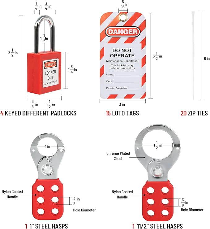 Lockout Tagout Kit Electrical Loto Group Lockout Hasps, Lockout Tags, Safety Padlocks with Number, Nylon Ties with Pocket Bag