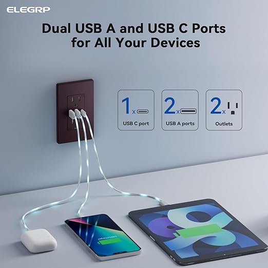 ELEGRP USB Outlets Receptacles, 3-Port Wall Outlet, 30W 6.0A Electrical Outlet, 15 Amp Tamper-Resistant Outlet with Type C Ports, UL Listed, Wall Plate Included, 6 Pack, Matte Brown