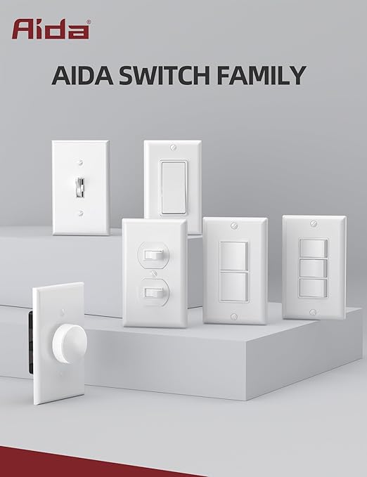 AIDA 4 Way Switch Decorative Light Switch, 15Amp, 120/277 Volt, 4 Way Decorative Light Rocker Switch Replacement, Wall Plate Included, Residential Grade, UL Listed (10 Pack, Glossy White)