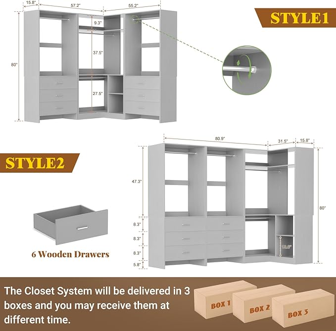 Aheaplus Closet System with 6 Drawers, 4 Hanging Rods & Corner Tower, Corner Closet System with Hanging,80.9" L-Shaped Walk-In Wardrobe Organizer, 2000+ lbs Capacity, Set of 3, Grey