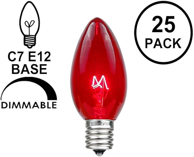 Novelty Lights Incandescent Replacement Bulbs - Outdoor Individual Bulbs for Events, Holiday Parties, Patios, and More - C7/E12 Candelabra Base, 5 Watt Lights (Red, 25 Pack)