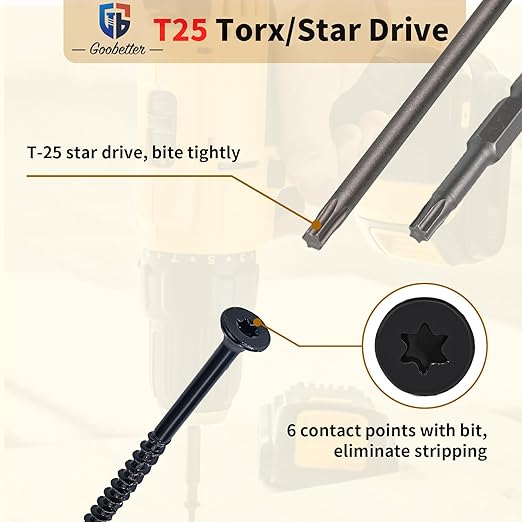 Deck Screws 3-1/2 Inch, 400 Pcs Wood Screws #10 x 3-1/2" for Construction Fence, Rust Resistant, Torx/Star Drive Head, 2 Pcs T25 Star Bits Included, Black
