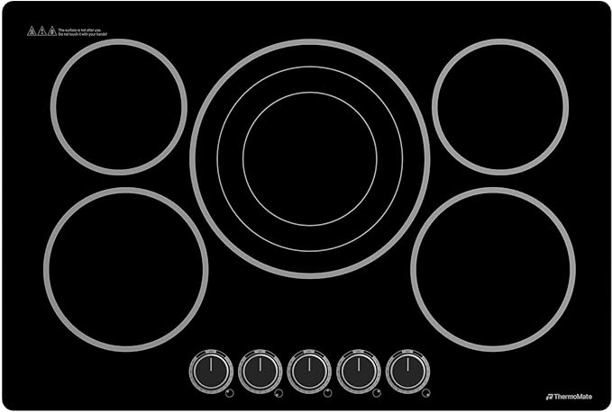 ThermoMate 30 Inch Electric Cooktop, 5 Burners Knob Control Built-in Ceramic Cooktop, 30" Radiant Electric Stove Top of 9000W with 9 Heat Levels, Hot Surface Indicator, 220-240v, Hard Wired