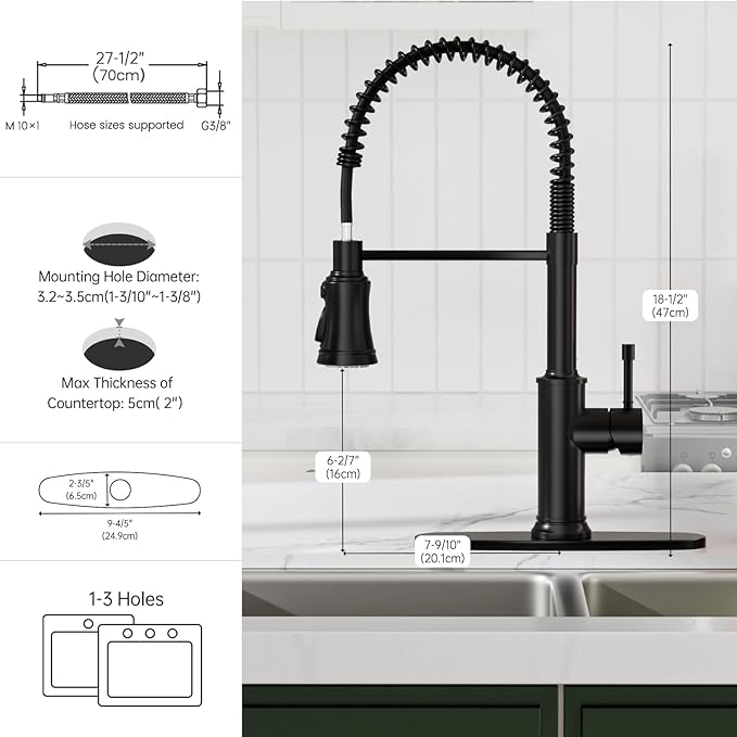 DAYONE Matte Black Kitchen Sink Faucet with Pull Down Sprayer Antique, 3 Modes Stainless Steel Spring Vintage Sink Faucet for Kitchen Bar Camper 1 or 3 Holes Single Handle