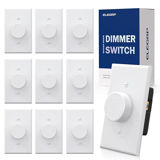 ELEGRP Digital Rotating Dimmer Switch for Dimmable LED, CFL and Incandescent Light Lamp Bulbs, Single Pole / 3-Way Rotary Dimmer Switch, Wall Plate Included, UL Listed (10 Pack, Matte White)